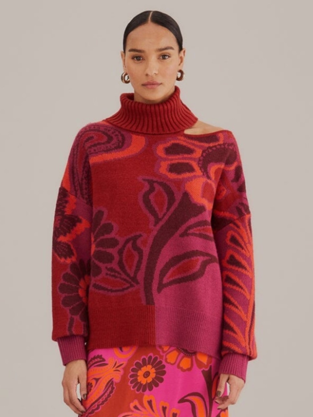 NWT FARM Rio Floral Cutout Turtleneck Sweater XXS Pink Red Knit